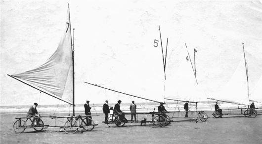 Sand yachts on Saltburn beach. John Foster Satckhouse owned boat number 4.